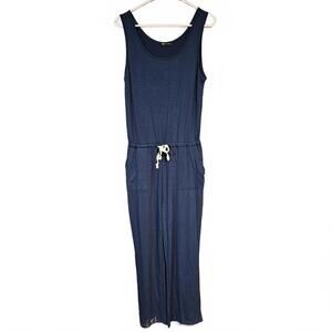 Pretty Garden Womens Jumpsuit Sleeveless Medium Cinch Tie Waist Pockets Navy